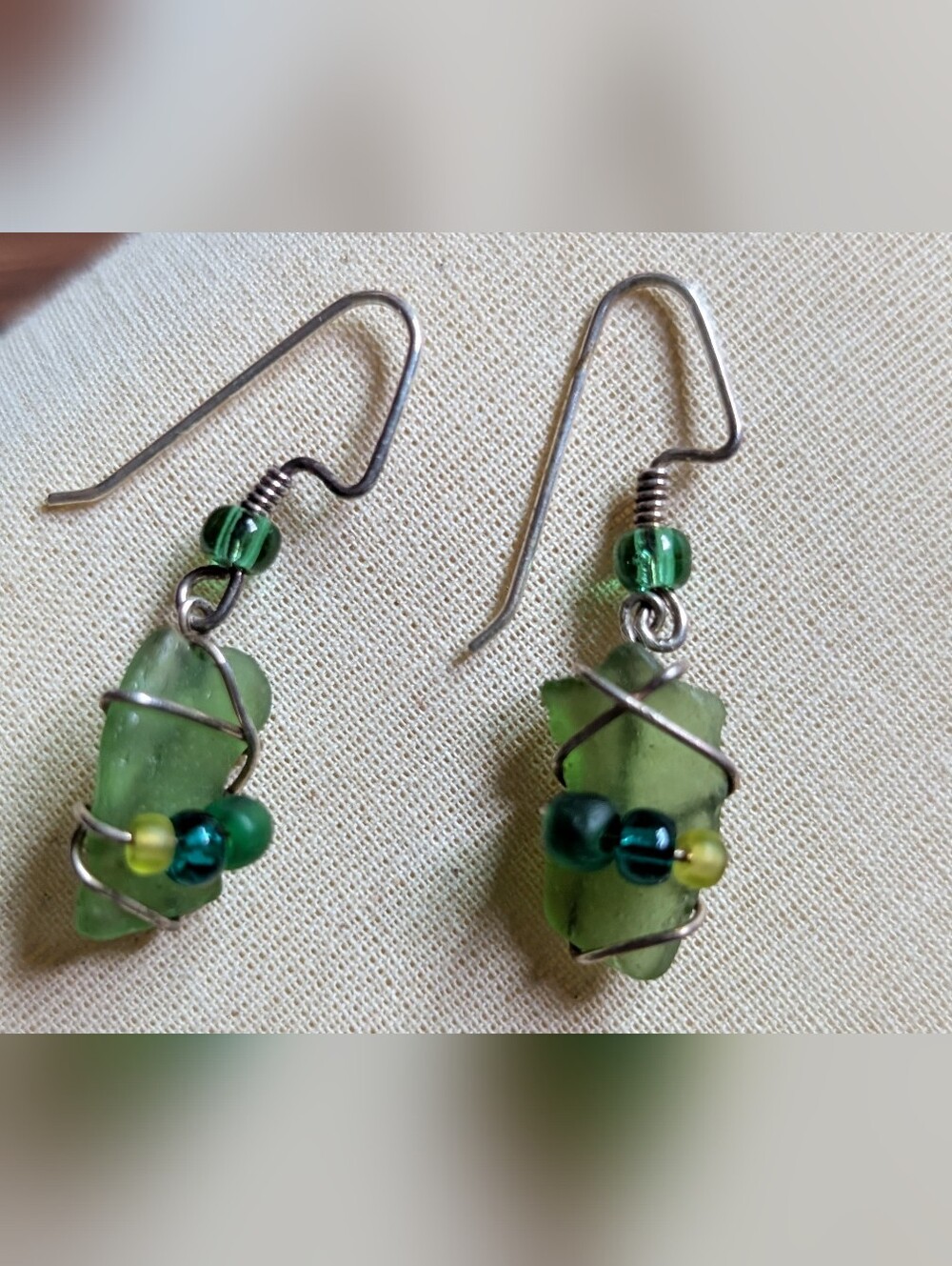 Handmade Green Sea Glass Wire-Wrap Dangle Earrings